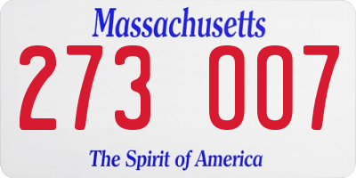 MA license plate 273OO7