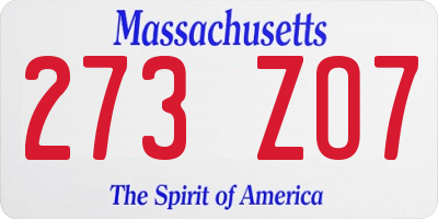 MA license plate 273ZO7