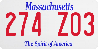 MA license plate 274ZO3