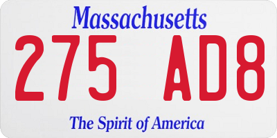 MA license plate 275AD8