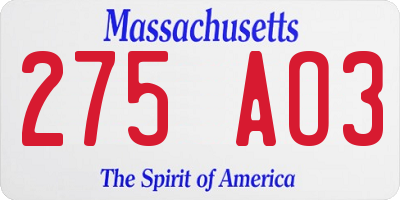 MA license plate 275AO3