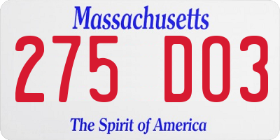 MA license plate 275DO3