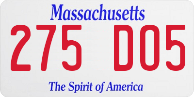 MA license plate 275DO5