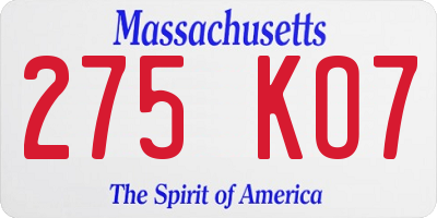 MA license plate 275KO7