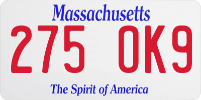 MA license plate 275OK9