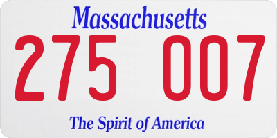 MA license plate 275OO7