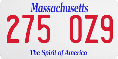 MA license plate 275OZ9