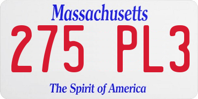 MA license plate 275PL3