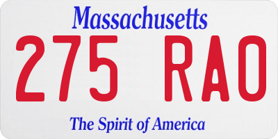MA license plate 275RA0
