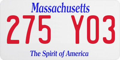 MA license plate 275YO3