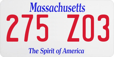 MA license plate 275ZO3