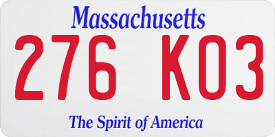 MA license plate 276KO3