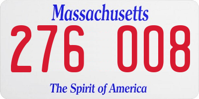 MA license plate 276OO8