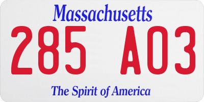 MA license plate 285AO3