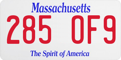 MA license plate 285OF9
