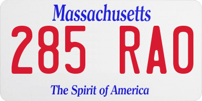 MA license plate 285RA0