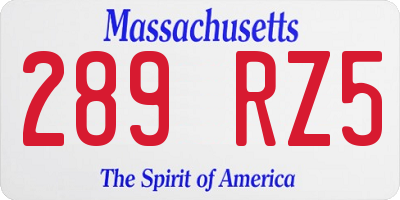 MA license plate 289RZ5