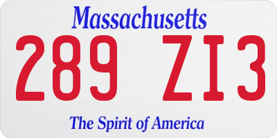 MA license plate 289ZI3