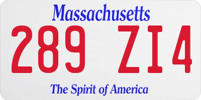 MA license plate 289ZI4