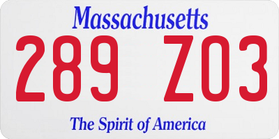 MA license plate 289ZO3