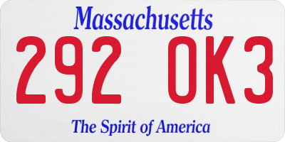 MA license plate 292OK3