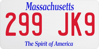 MA license plate 299JK9