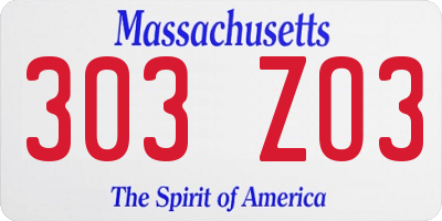 MA license plate 303ZO3