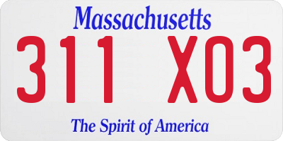 MA license plate 311XO3