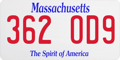MA license plate 362OD9