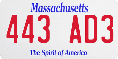 MA license plate 443AD3