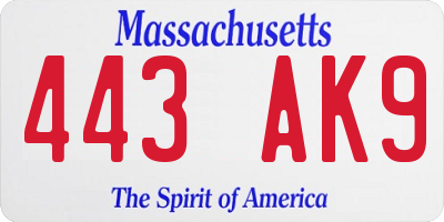 MA license plate 443AK9