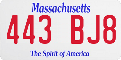 MA license plate 443BJ8