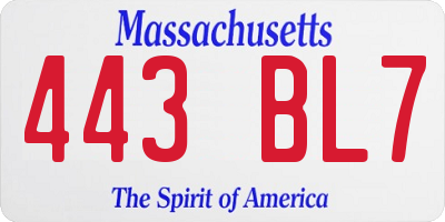 MA license plate 443BL7