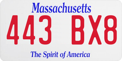MA license plate 443BX8