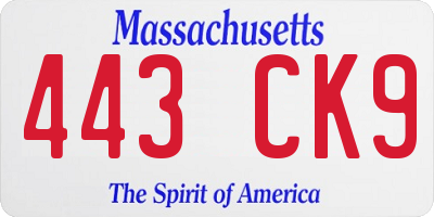 MA license plate 443CK9