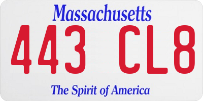 MA license plate 443CL8