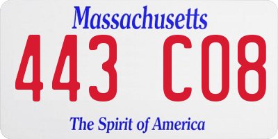 MA license plate 443CO8