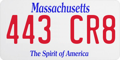 MA license plate 443CR8