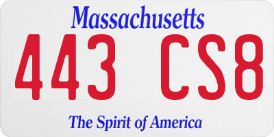 MA license plate 443CS8
