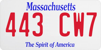 MA license plate 443CW7