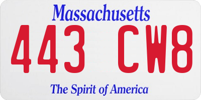 MA license plate 443CW8