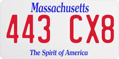 MA license plate 443CX8