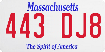 MA license plate 443DJ8