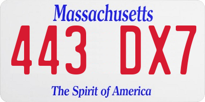 MA license plate 443DX7