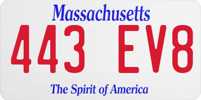 MA license plate 443EV8
