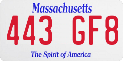 MA license plate 443GF8