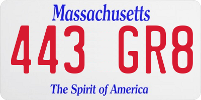 MA license plate 443GR8