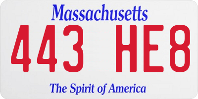 MA license plate 443HE8
