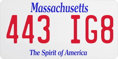 MA license plate 443IG8