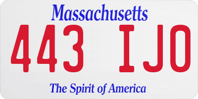 MA license plate 443IJ0